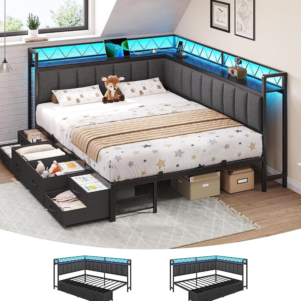 DICTAC Corner Queen Bed with 6 Drawers & Upholstered Guardrail