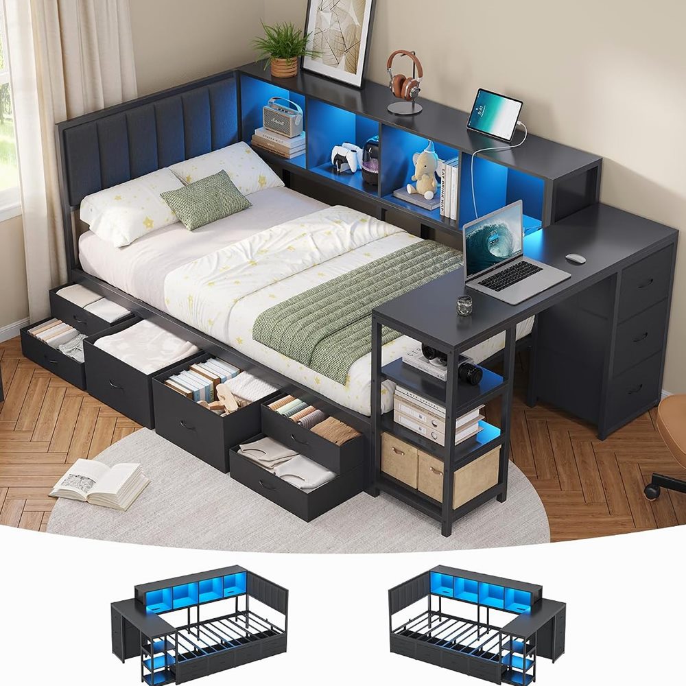 DICTAC Corner Twin Bed with Desk, Bookcase & 9 Drawers