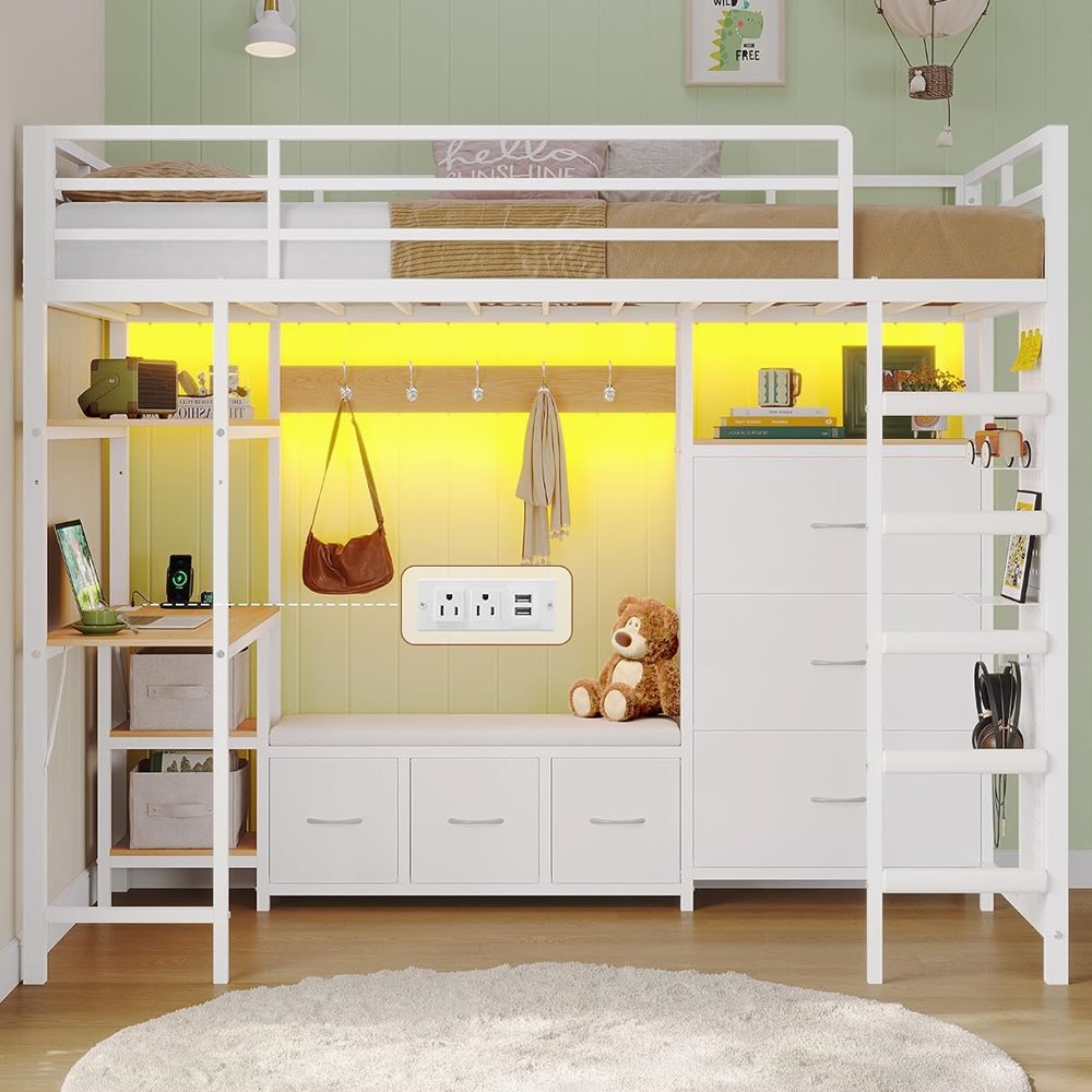 DICTAC Twin Loft Bed with Coat Rack, Desk & 6 Drawers
