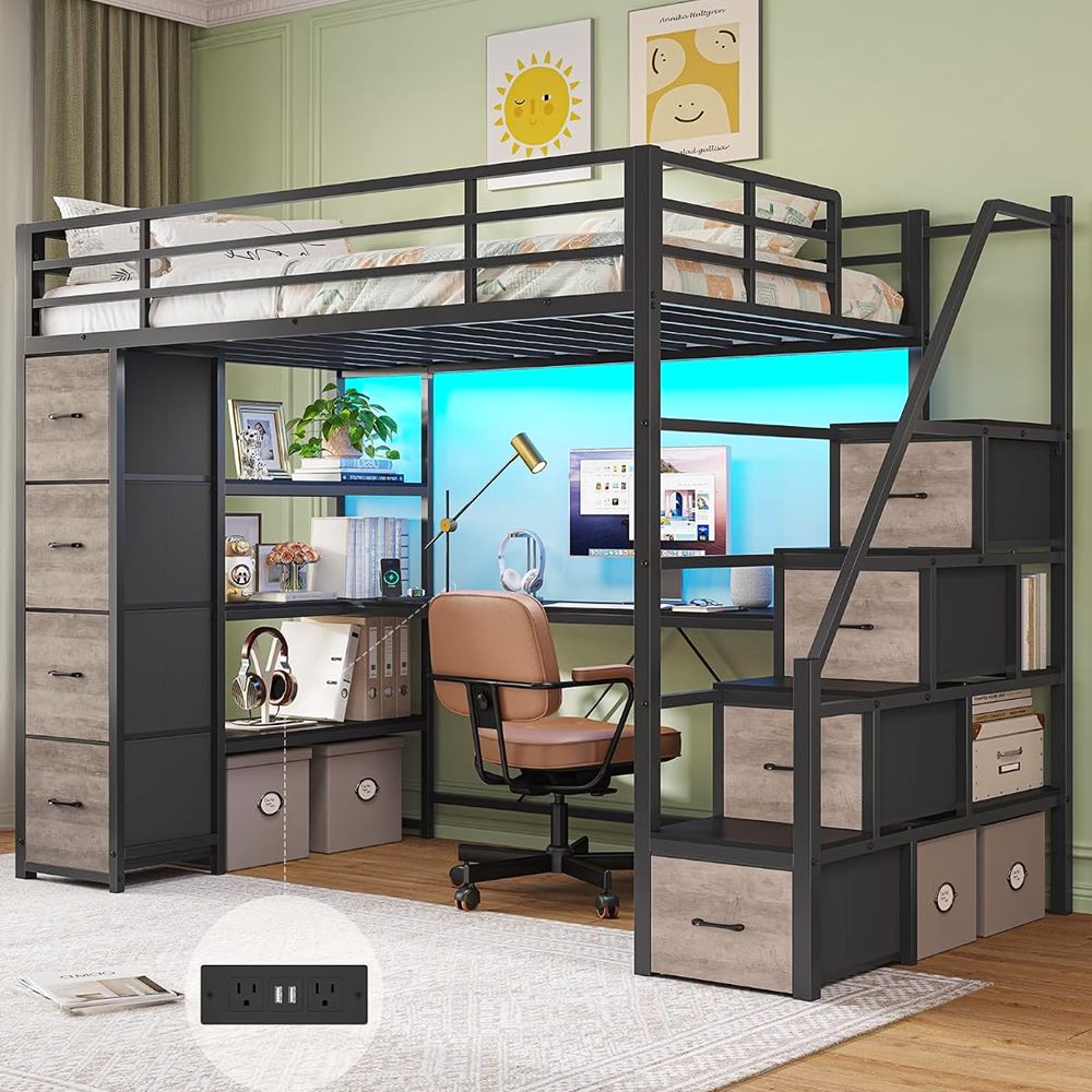 DICTAC Twin Loft Bed with Storage Stairs & 8 Drawers