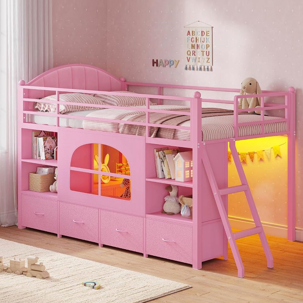 DICTAC Low Loft Bed with 6 Drawers, Bookshelf & Play Space
