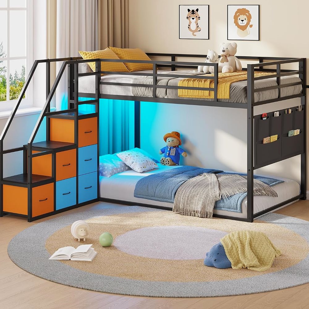 DICTAC Low Bunk Bed with Storage Staircase & 6 Drawers