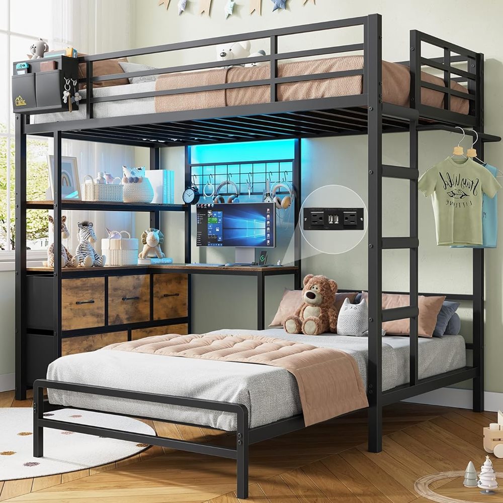 DICTAC Bunk Bed with L-Shaped Desk, 5 Drawers & 2 Shelves